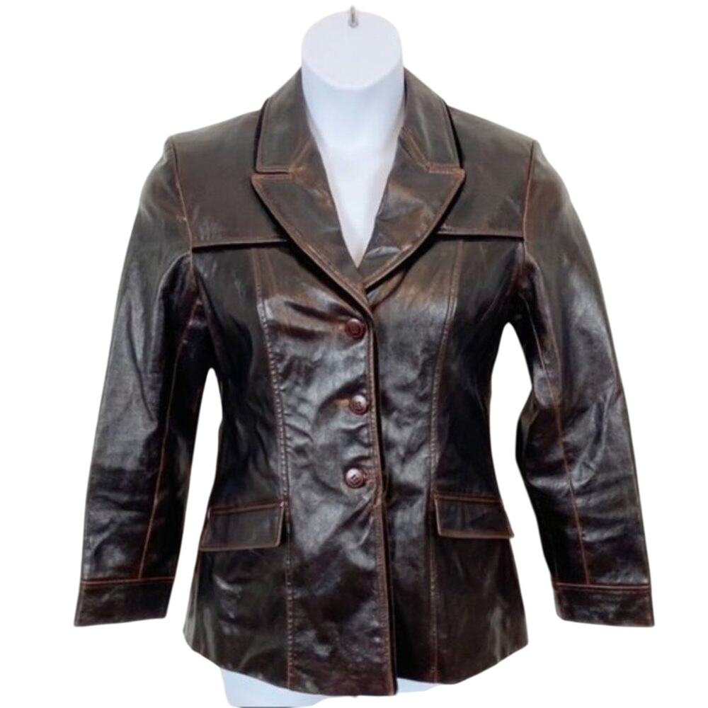 St. John Sport Brown Leather Distressed Velvet Edge Jacket Fully Lined